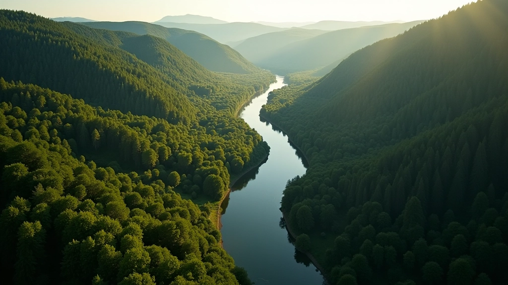 Nemuno upė iš aukšto, kalvų šlaitai nuo viršaus, miško panorama, gamtosaugos peizažas