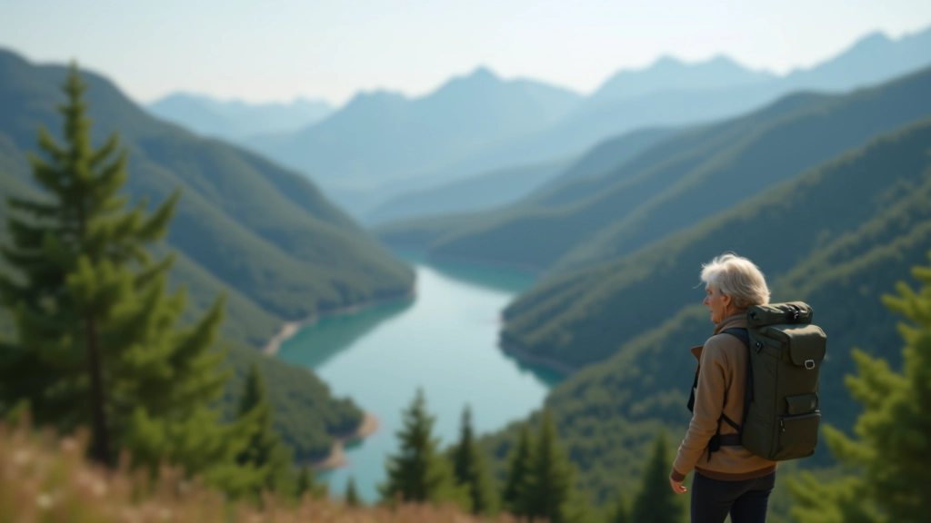 Žmogus stovi ant kalvos, apžvelgdamas plačią gamtos panoramą su mišku ir ežeru žemiau