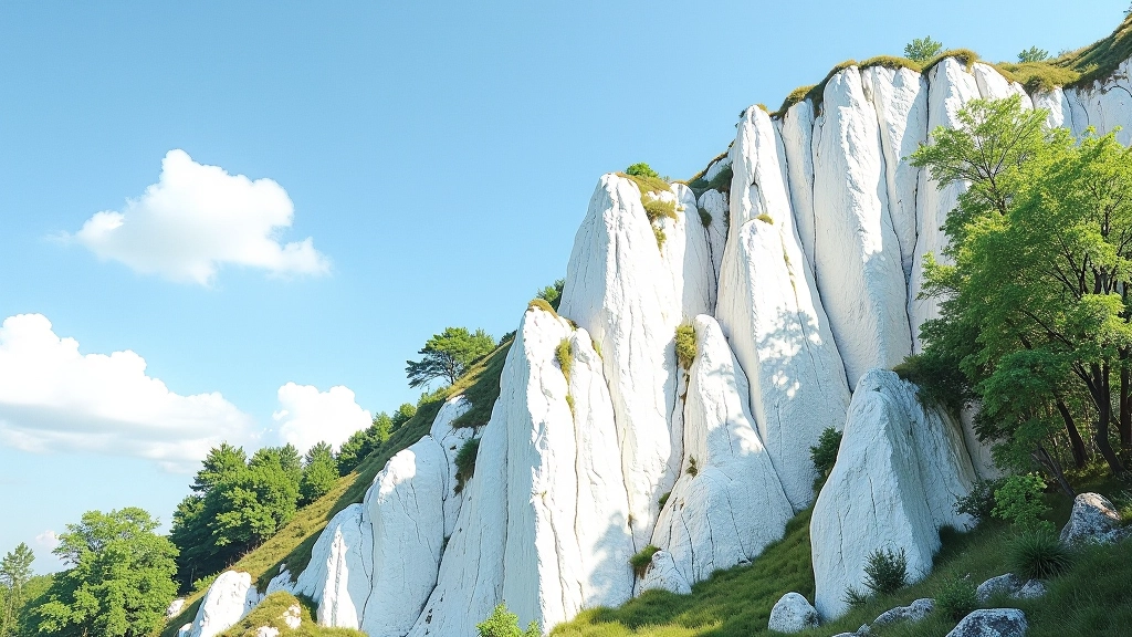 Baltų dolomito sluoksnių iškyšos kalvalyje su žaliais medžiais šone